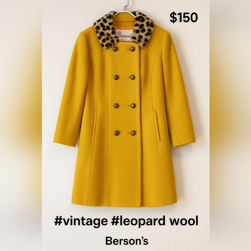 Yellow Pea Coat with Leopard Collar